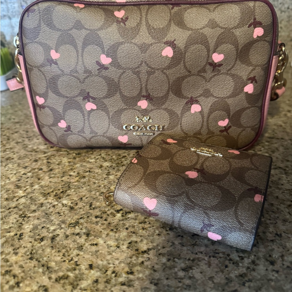 Coach Signature Brown and Pink Heart Bag and Wallet